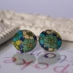 Liberty Green Floral Button Earrings