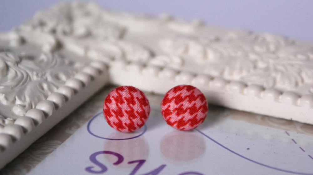 Red And Pink Houndstooth Button Earrings