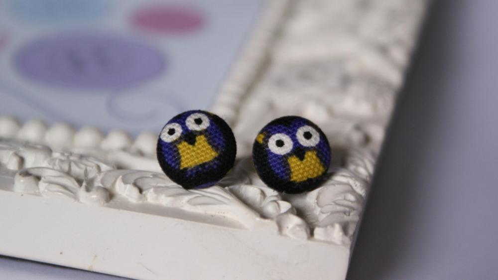 Kawaii Owl Fabric Covered Button Earrings
