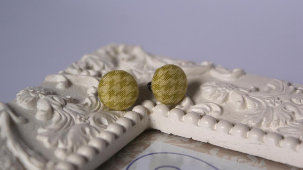 Green Houndstooth Button Earrings
